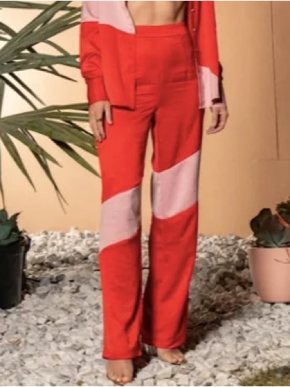 Meshki Satin High Waisted Contrast Stripe Wide Leg Trousers Pants Red Pink XS